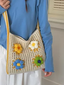 Large capacity knitted tote bag with colorful 3D flower appliques in lazy vacation style