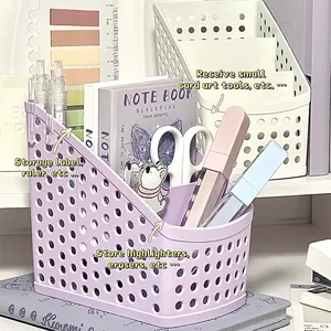 Multi-compartment purple mesh desk organizer showing storage of pens and notebooks.