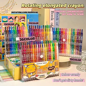 Detailed view of extra-long rotating crayon sets in 12, 18, 24, and 36 color packs.