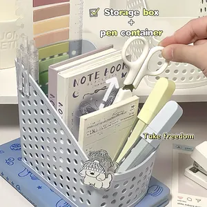 Minimalist pastel blue desk organizer with multi-functional stationery storage slots