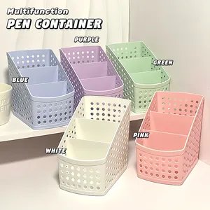 Multifunctional desk organizer pen container in assorted pastel colors with three slots