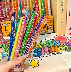 Macro view of multi-color rotating crayons used for colorful children's art drawing