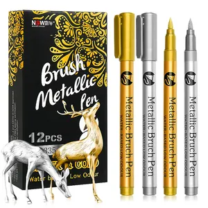 Set of 12 gold and silver metallic brush pens for art and calligraphy