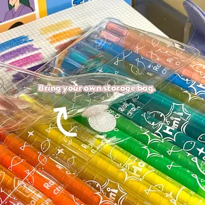 Detailed close-up view of a vibrant multi-color rotating crayon set in a clear pouch