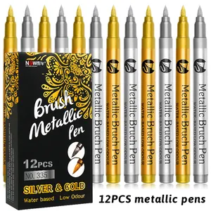 Detailed set of 12 gold and silver metallic brush pens for painting and marking