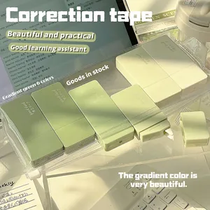 Detailopname van 6 stuks groen verloop correctietape in een transparant etui op bureau