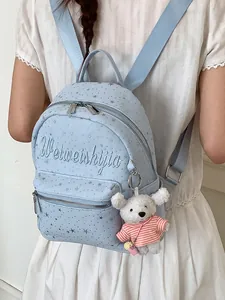 Mochila de Lienzo con Estampado de Estrellas de Moda para Mujer Estudiantes Universitarios Bolsa Escolar de Gran Capacidad con Colgante de Conejo Bordado de Letras Casual