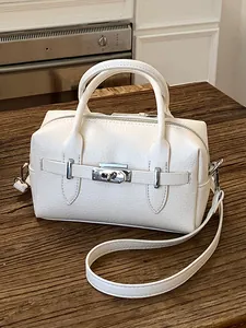 Women Luxury Lychee Grain Top Handle Bowling Bag Fashion Polyurethane Shoulder Crossbody Pillow Bag With Rabbit Charm