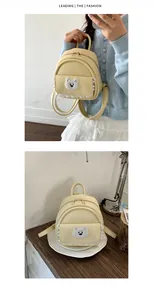 Detail of cute cream mini backpack with plush bear patch and delicate lace trim.