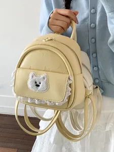 Cute Cartoon Bear Mini Backpack For Women PU Leather Lace Trim Star Embossed Small School Bag Fashion Sweet Travel Bag