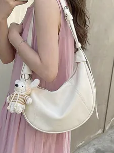 Women PU Leather Dumpling Crossbody Bag Fashion Half Moon Shoulder Bag Adjustable Strap Daily Sling Bag With Pendant