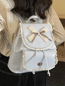 Sweet PU Leather Bowknot Lace Stitching Backpack For Women Fresh College Style School Bag Elegant Daily Commute Backpack