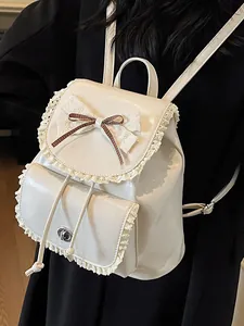 Exquisite cream leather backpack with lace trim and bow decoration for women commuting