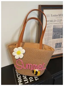 Handmade woven straw beach bag with pink Summer embroidery and white crochet flower charm