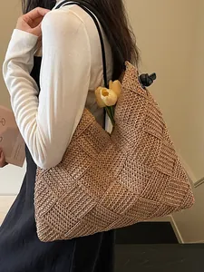 Sac Cabas en Paille Tissé à la Main pour Femmes Grande Capacité Sac à Épaule Vacances Plage Blanc Cassé Kaki Minimaliste Mode Été