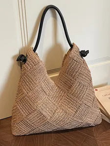 Grand sac cabas en paille tissé à la main avec anses noires pour la plage et ville