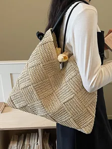 Grand sac cabas en paille tissé main pour femme, sac à bandoulière de plage bohème