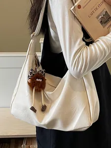 Women Large Capacity PU Leather Tote Bag Casual Fashion Shoulder Crossbody Bag With Plush Monster Pendant Stitching Handbag