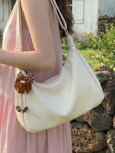 Stylish large capacity off-white hobo shoulder bag for women with cute plush keychain