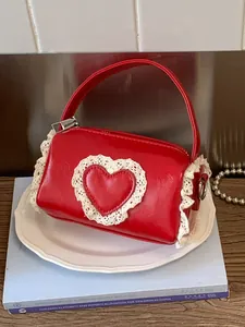 Women Sweet Mini Barrel Handbag Lace Heart Decor PU Leather Shoulder Bag Fashion Elegant Daily Commute Crossbody Bag For Lady
