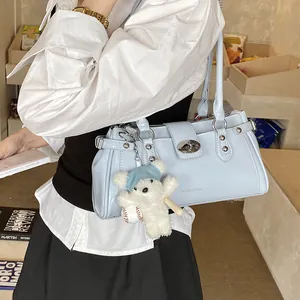Light blue retro fashion underarm shoulder bag with a cute bear charm for women