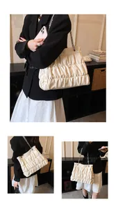 Stylish white ruched tote bag with chain strap shown in various lifestyle poses