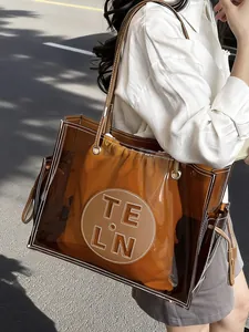 Damen Große Kapazität Transparente PVC Tragetasche Koreanische Mode Schultertasche Mit Innentasche Buchstabe Dekor Sommer Klare Handtasche