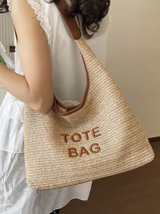 Large capacity handmade woven straw tote bag for beach vacation and summer outings