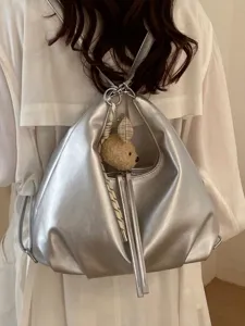 Zaino e borsa a tracolla argento metallizzato grande capacità da donna, stile versatile e chic