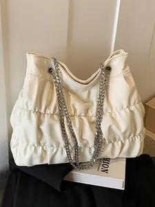 Large capacity off-white pleated tote bag with silver chain straps for women