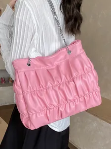 Large capacity pink ruched tote bag for women with stylish silver chain shoulder strap