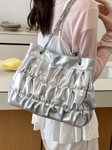 Large capacity pleated silver tote bag for women with stylish chain straps for commute
