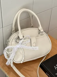Women PU Leather Small Square Handbag Lady Style Fashion Crossbody Bag With Lace Bow Artificial Pearl Pendant Versatile Purse