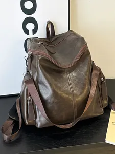 Zaino in pelle vintage marrone scuro di grande capacità per donna, borsa a tracolla