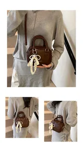 Detailed collage showing a brown leather handbag with a lace pearl bow from multiple angles