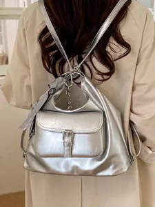 Fashionable silver metallic versatile convertible backpack and tote bag for women travel