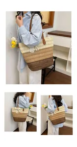 Détail du sac cabas en paille tissé main avec décoration en dentelle élégante