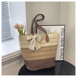 Sac cabas tissé dégradé fait main avec nœud en dentelle pour les vacances d'été chic
