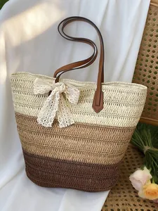 Sac Cabas en Paille Tissé à la Main pour Femmes Grande Capacité Sac de Plage de Vacances Avec Nœud en Dentelle Dégradé Sac à Épaule