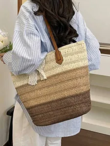 Grand sac fourre-tout en paille tissée à la main avec dégradé marron pour les vacances