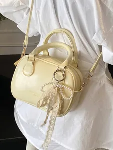 Women PU Leather Top Handle Handbag Small Boston Pillow Crossbody Bag With Lace Pearl Bow Charm Daily Office Work Purse