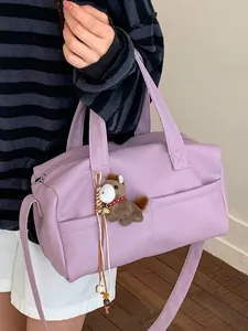 Large capacity purple pillow tote bag with plush horse charm for women