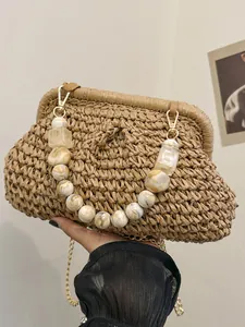 French style retro woven shell clutch bag with marble resin bead handle and gold chain