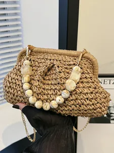 French vintage woven straw shell clutch bag with marbled bead handle and gold chain