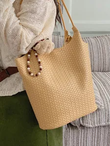 Vintage large capacity woven tote bag for women stylish work shoulder handbag