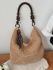 Large capacity bohemian hollow straw woven beach bag with decorative wooden bead handle
