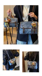 Detailed product shots of versatile denim blue backpack for women, shown in two sizes.