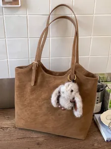 Borsa Tote da Donna Retro di Grande Capacità Borsa a Tracolla in Pelle PU Semplice Borsa a Mano Minimalista Con Ciondolo Coniglio