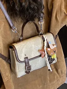 Retro vintage canvas backpack and handbag for women with stylish decorative bear charm pendant
