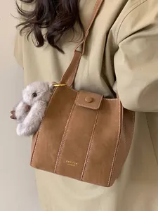 Dames Retro PU Leer Emmer Tas Minimalistisch Contrast Stiksels Schouder Crossbody Tas Casual Gesplitste Handtas Voor Dagelijks Gebruik
